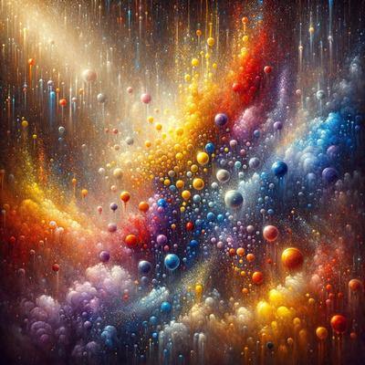 The primary subject of the image is a colorful, abstract painting featuring a variety of brightly colored balls and spheres. The setting is a space-themed background, which adds to the overall visual style. The painting is a digital art piece, showcasing a vibrant and lively atmosphere. The dominant colors include shades of blue, yellow, and orange, creating a sense of energy and excitement.